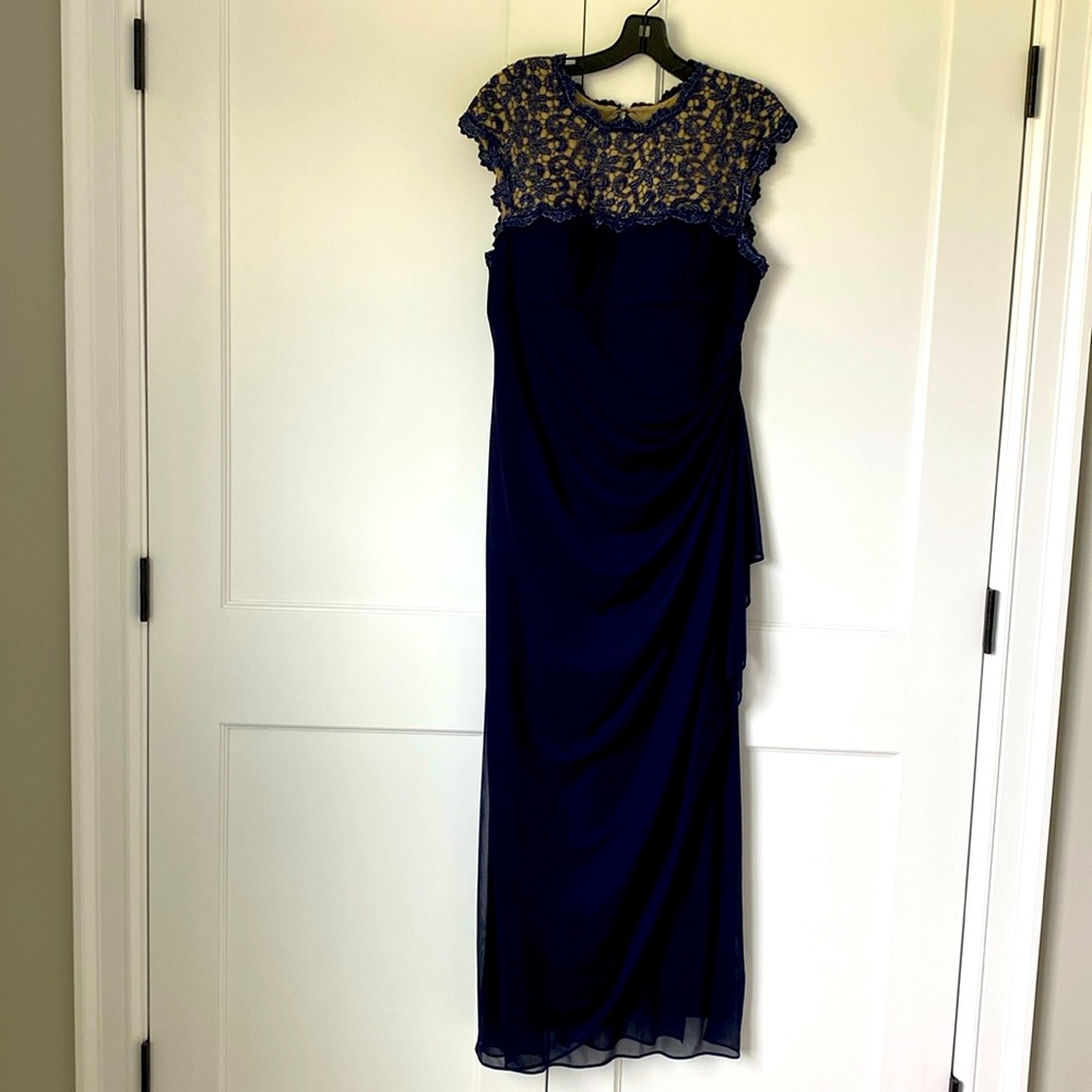 Alex Evenings Navy gown  12P w/front slit flowing overlay formal wear wedding